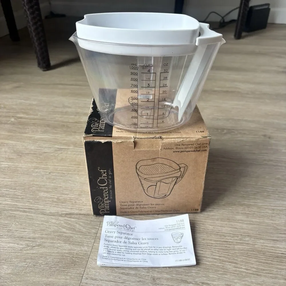 Pampered Chef Fat Gravy Separator Strainer 4 Cup 1L Measuring Pitcher 1188 Box